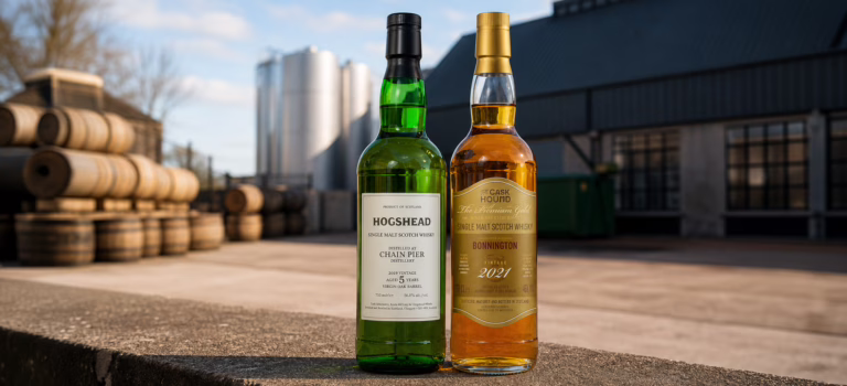 Chain Pier 2019 Hogshead and Bonnington 2021 The Caskhound in front on Chain Pier Distillery